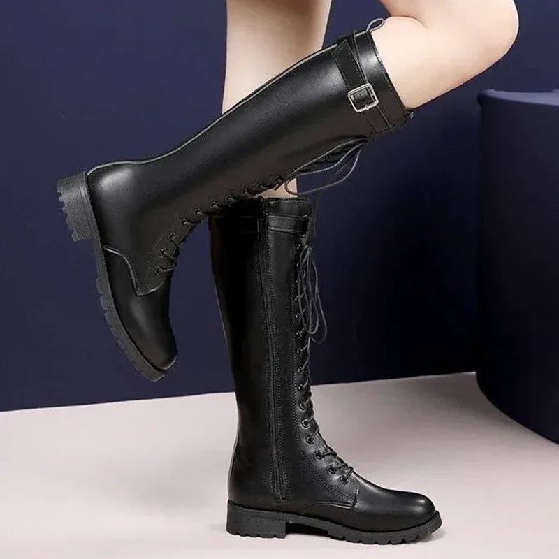 Retro Black Thick Bottom Long Boots Women 2022 Autumn Pu Leather Knee High Boots Woman Plus Size 43 Side Zipper Platform Shoes