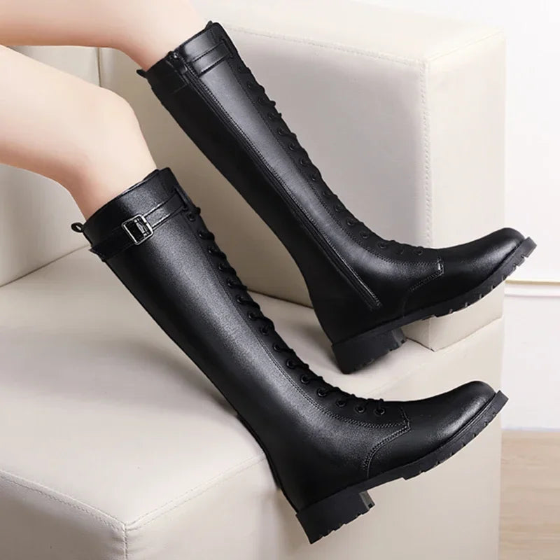 Retro Black Thick Bottom Long Boots Women 2022 Autumn Pu Leather Knee High Boots Woman Plus Size 43 Side Zipper Platform Shoes