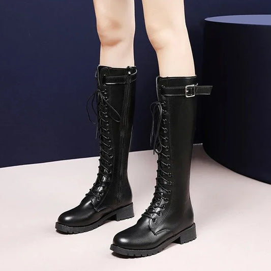 Retro Black Thick Bottom Long Boots Women 2022 Autumn Pu Leather Knee High Boots Woman Plus Size 43 Side Zipper Platform Shoes