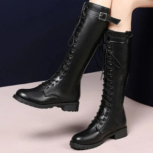 Retro Black Thick Bottom Long Boots Women 2022 Autumn Pu Leather Knee High Boots Woman Plus Size 43 Side Zipper Platform Shoes